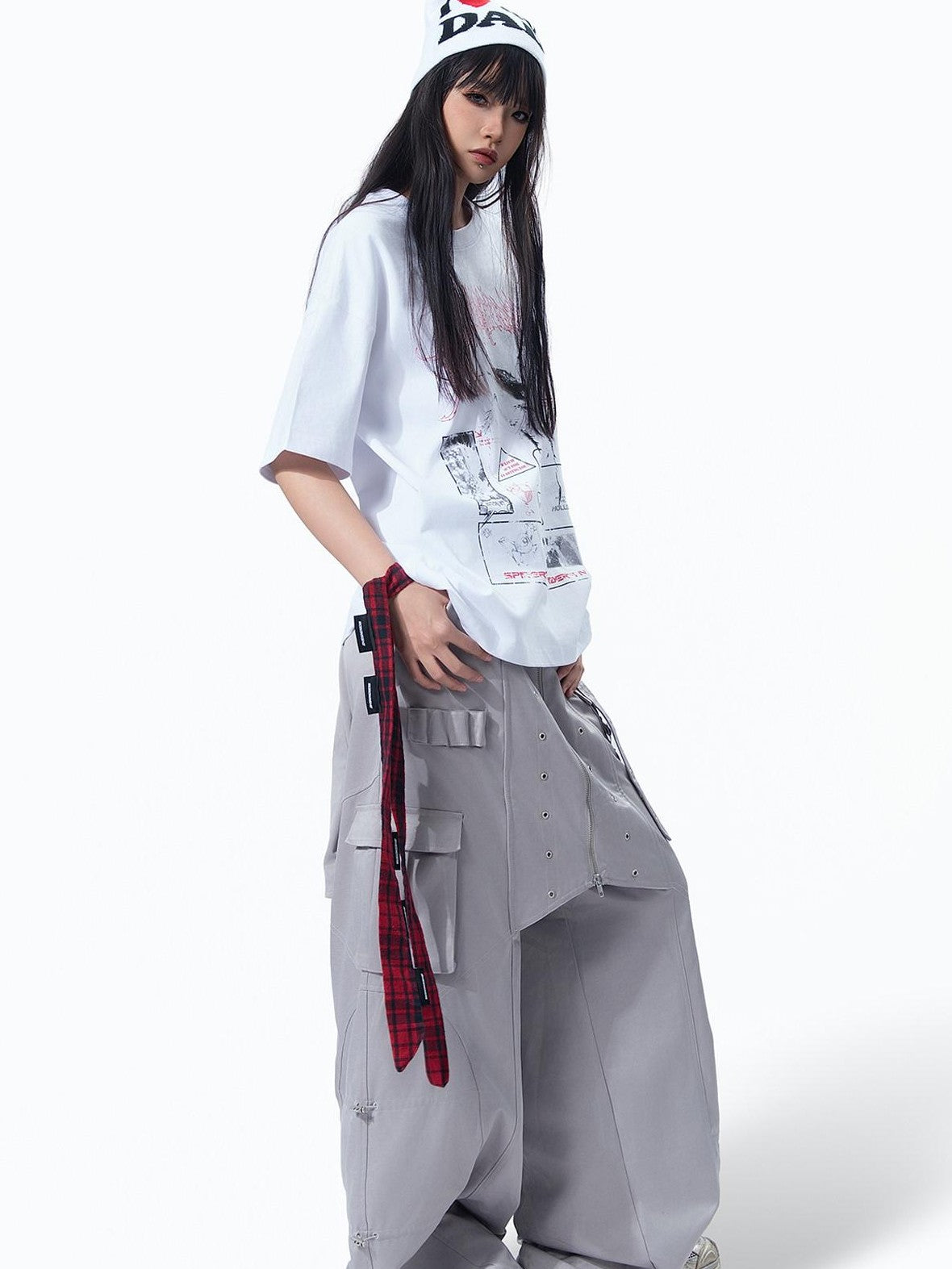 MOGONGSHE American Vintage Heavy Duty Zipper Cargo Workwear Women's Wide-leg Pants