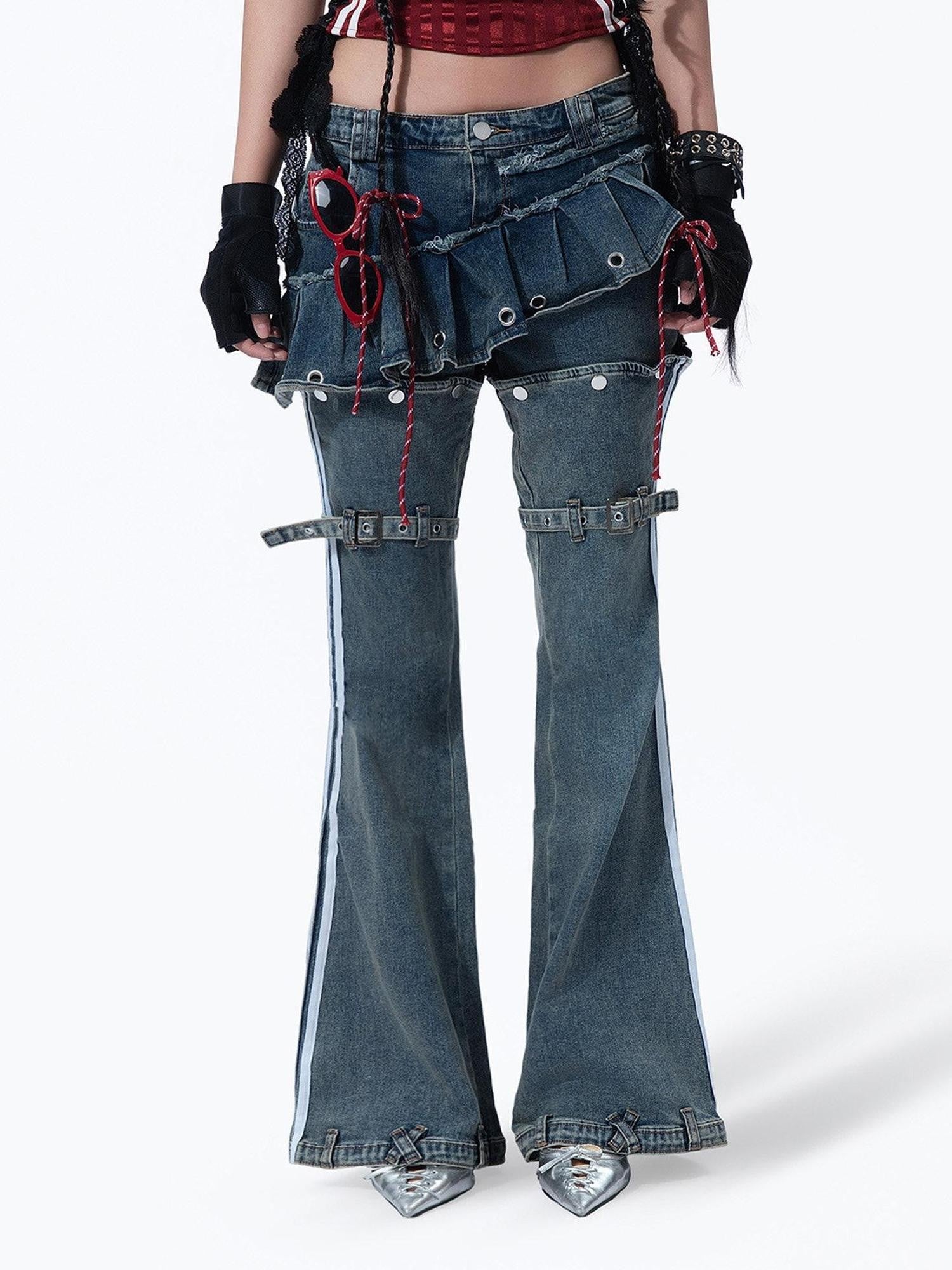 MOGONGSHE American Vintage Heavywork Detachable Skirt Overlay Women's Denim Flare Jeans
