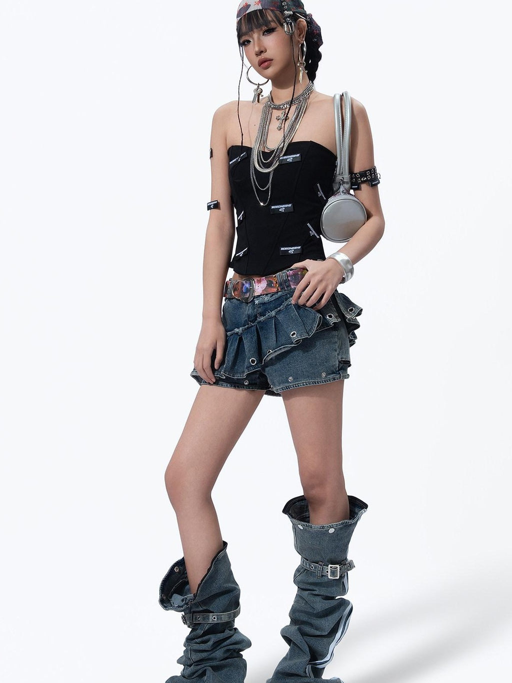 MOGONGSHE American Vintage Heavywork Detachable Skirt Overlay Women's Denim Flare Jeans