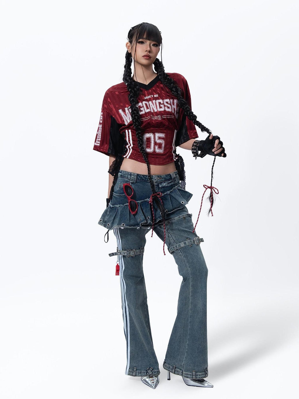 MOGONGSHE American Vintage Heavywork Detachable Skirt Overlay Women's Denim Flare Jeans