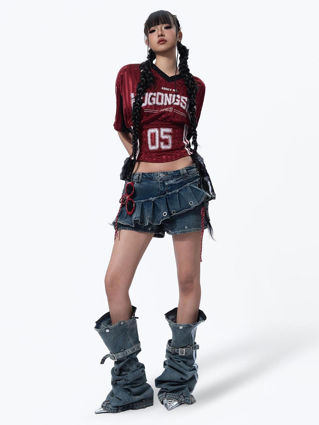 MOGONGSHE American Vintage Heavywork Detachable Skirt Overlay Women's Denim Flare Jeans