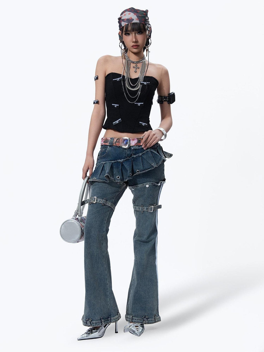 MOGONGSHE American Vintage Heavywork Detachable Skirt Overlay Women's Denim Flare Jeans