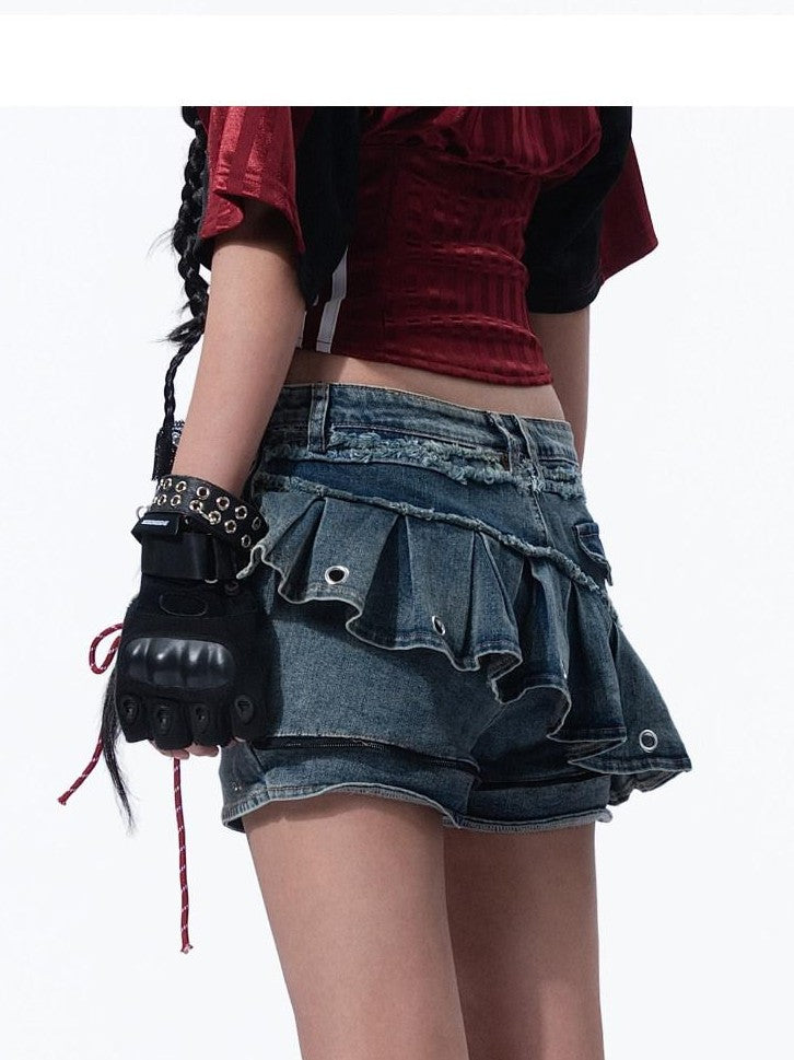 MOGONGSHE American Vintage Heavywork Detachable Skirt Overlay Women's Denim Flare Jeans