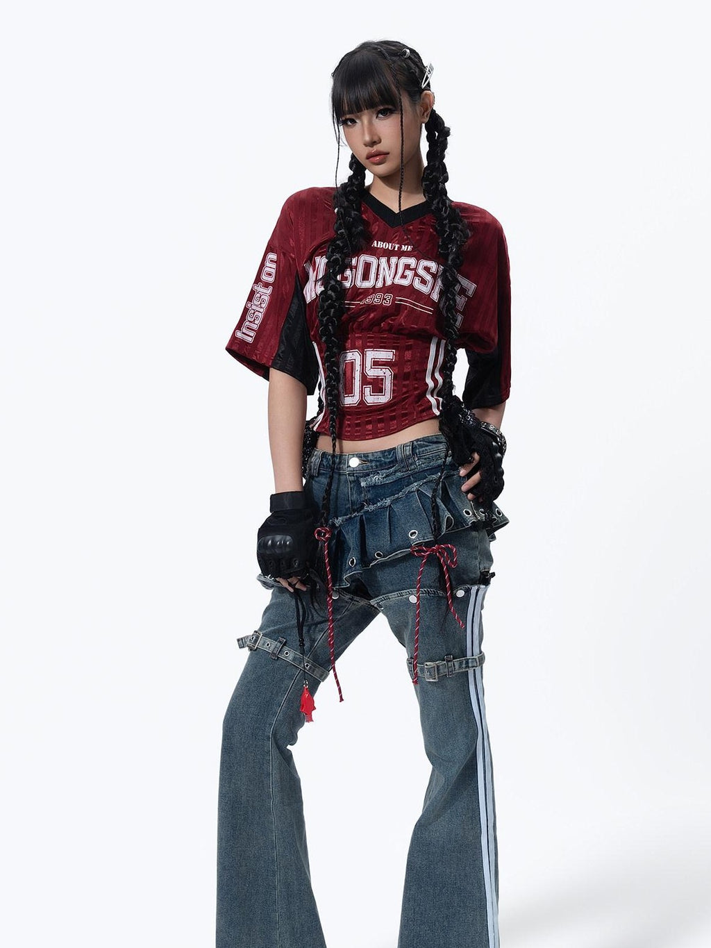 MOGONGSHE American Vintage Heavywork Detachable Skirt Overlay Women's Denim Flare Jeans