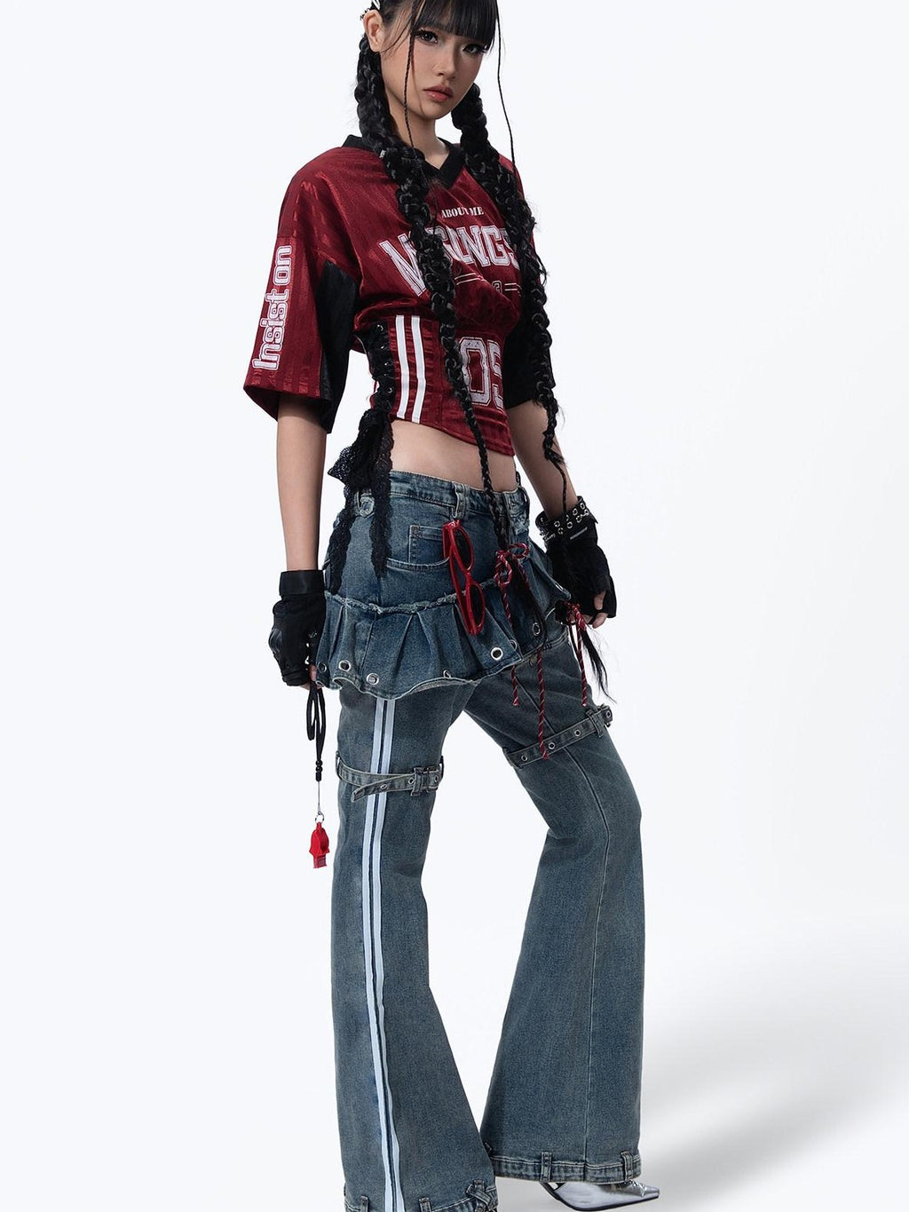 MOGONGSHE American Vintage Heavywork Detachable Skirt Overlay Women's Denim Flare Jeans
