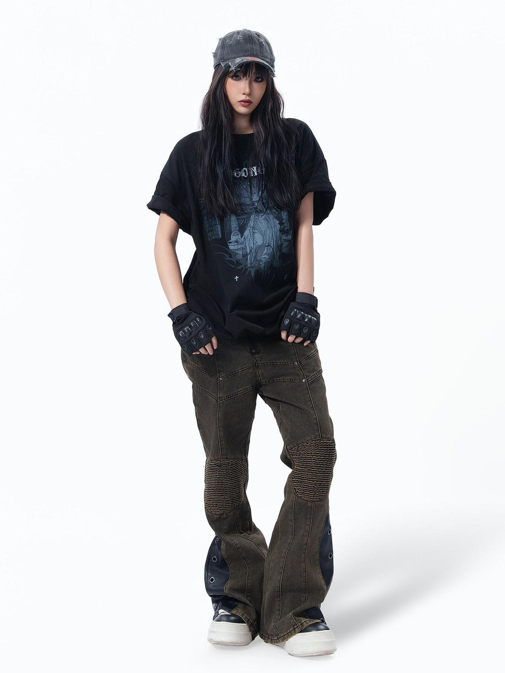MOGONGSHE American Vintage Ripped Washed Wide Workwear Women's Denim Distressed Jeans