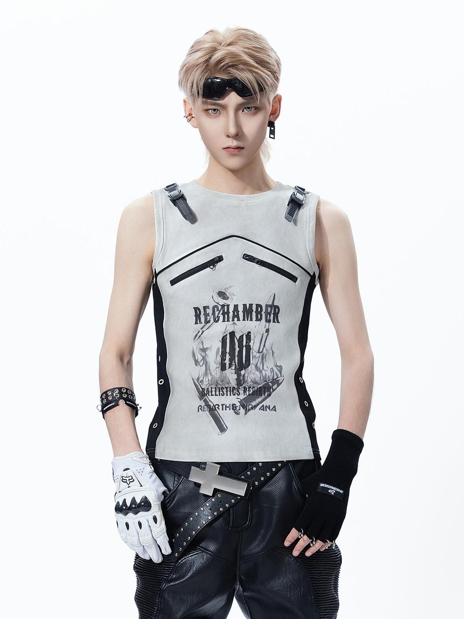 MOGONGSHE Biker Punk Distressed Tie Dye Patchwork Bullet Print Women's Tank Tops