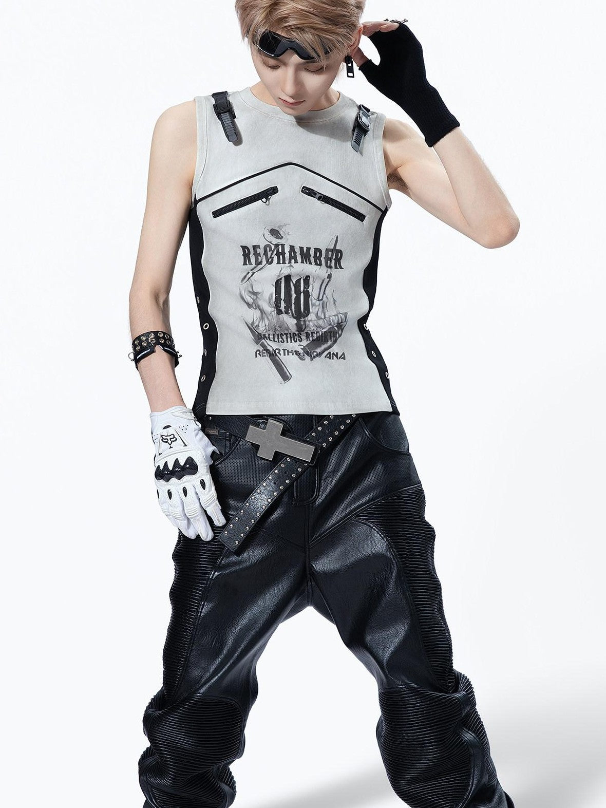 MOGONGSHE Biker Punk Distressed Tie Dye Patchwork Bullet Print Women's Tank Tops