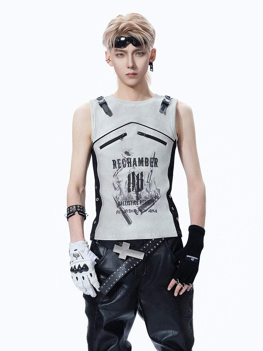 MOGONGSHE Biker Punk Distressed Tie Dye Patchwork Bullet Print Women's Tank Tops