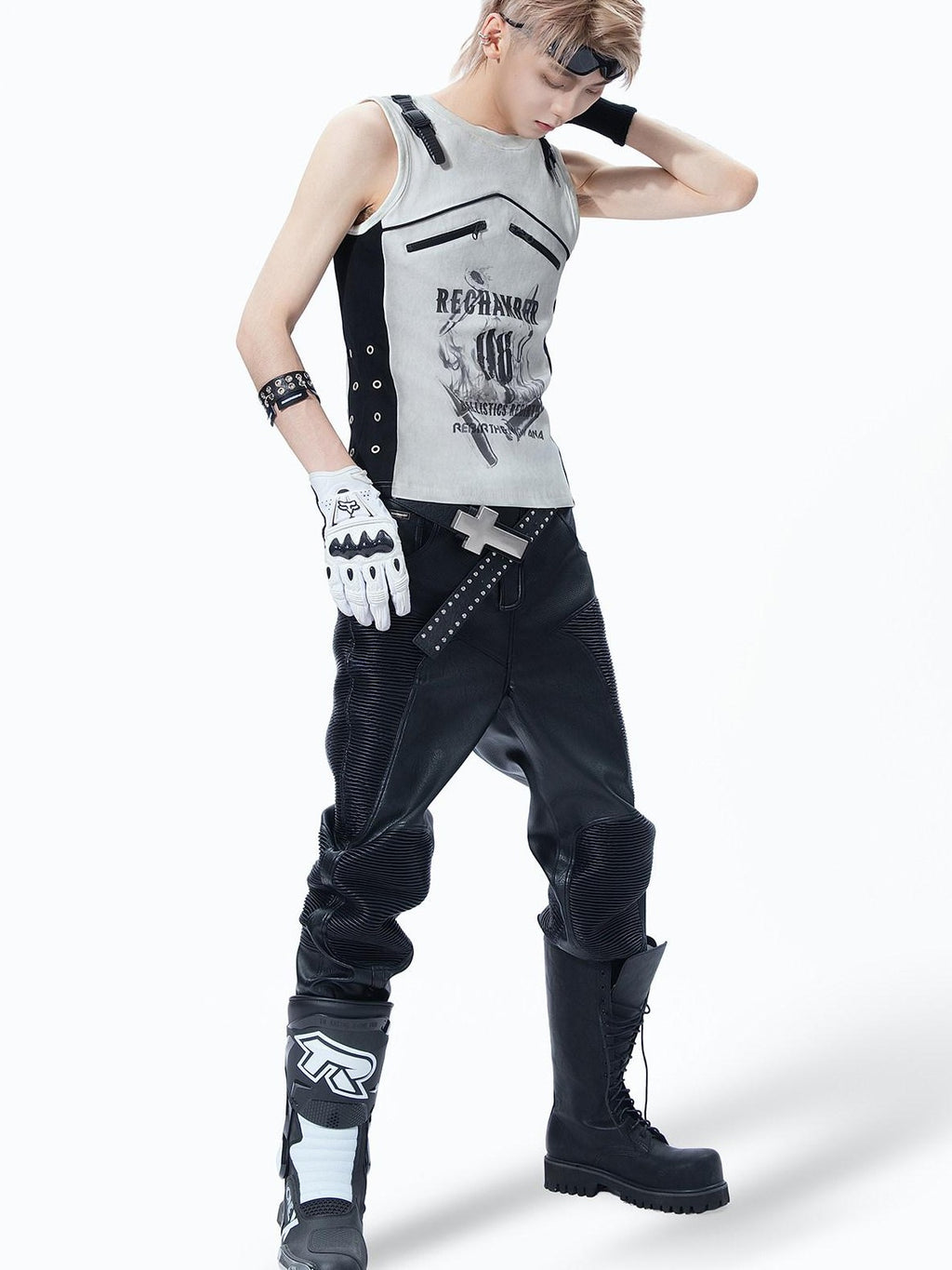 MOGONGSHE Biker Punk Distressed Tie Dye Patchwork Bullet Print Women's Tank Tops