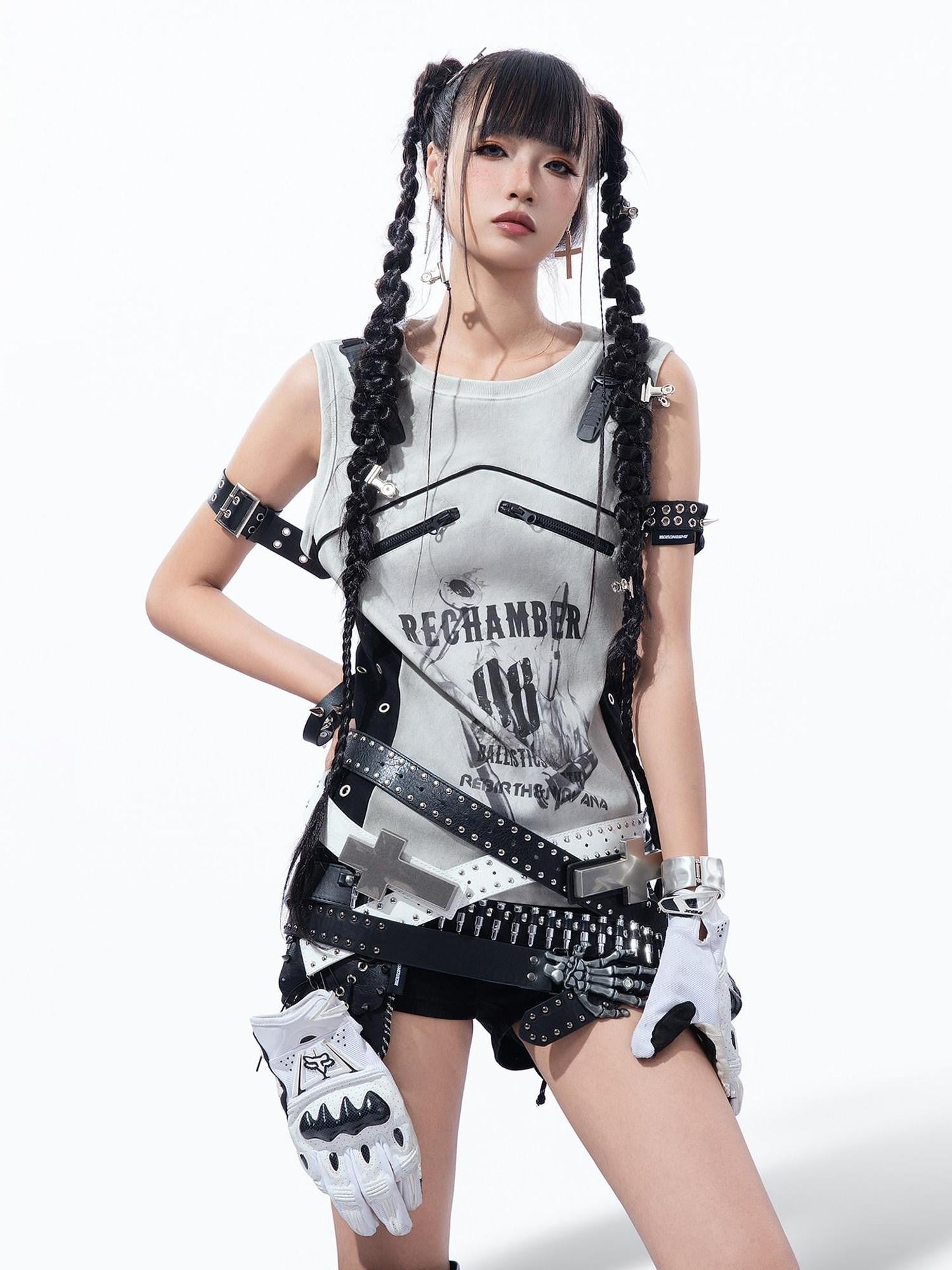 MOGONGSHE Biker Punk Distressed Tie Dye Patchwork Bullet Print Women's Tank Tops