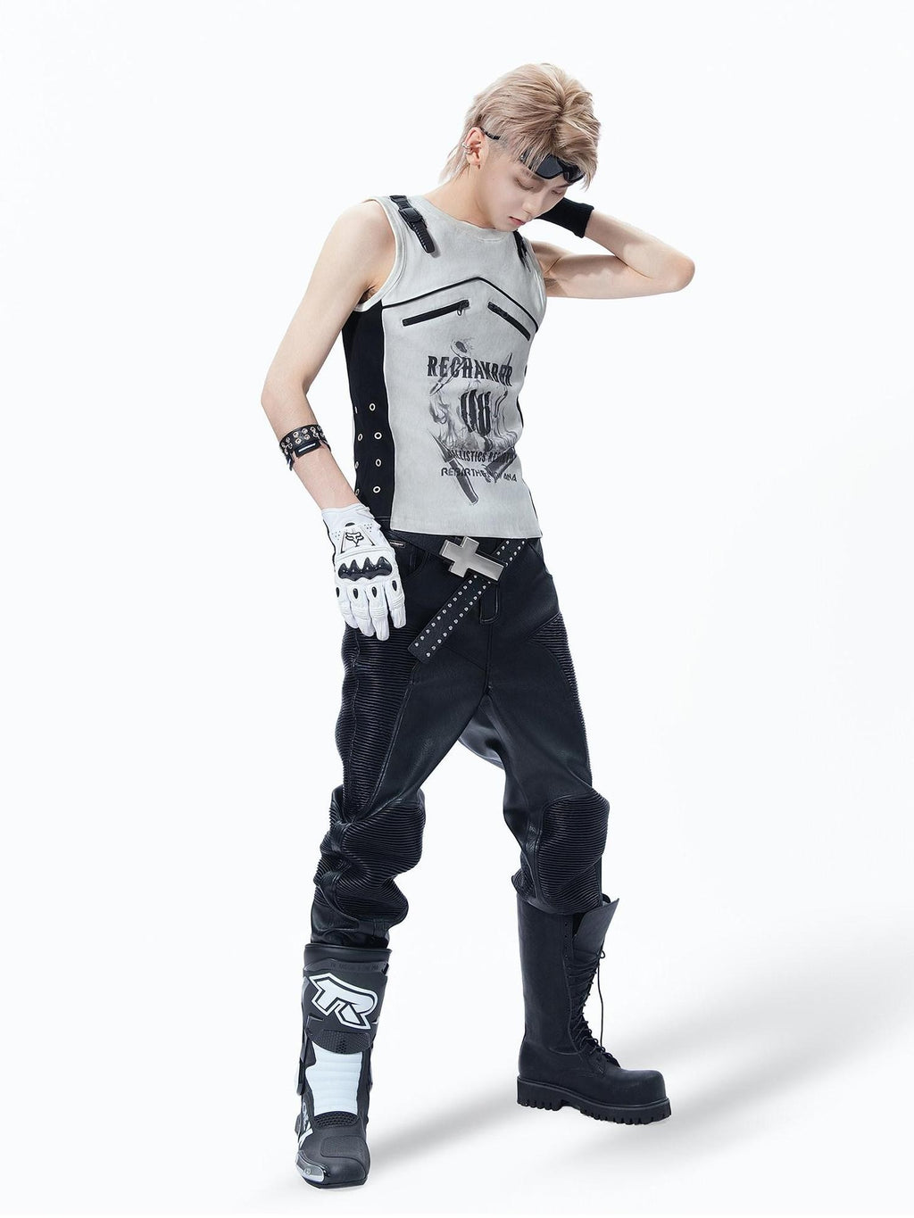 MOGONGSHE Biker Punk Distressed Tie Dye Patchwork Bullet Print Women's Tank Tops