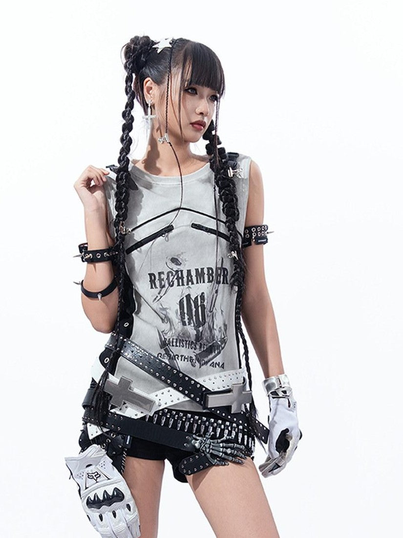 MOGONGSHE Biker Punk Distressed Tie Dye Patchwork Bullet Print Women's Tank Tops