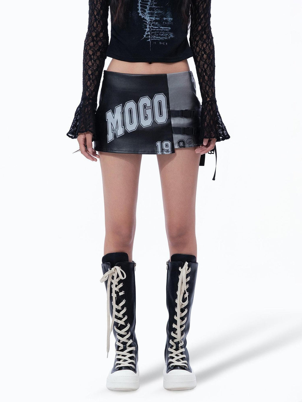 MOGONGSHE Black Gray Colorblock Asymmetrical Tie Low Waist Women's Mini Skirts