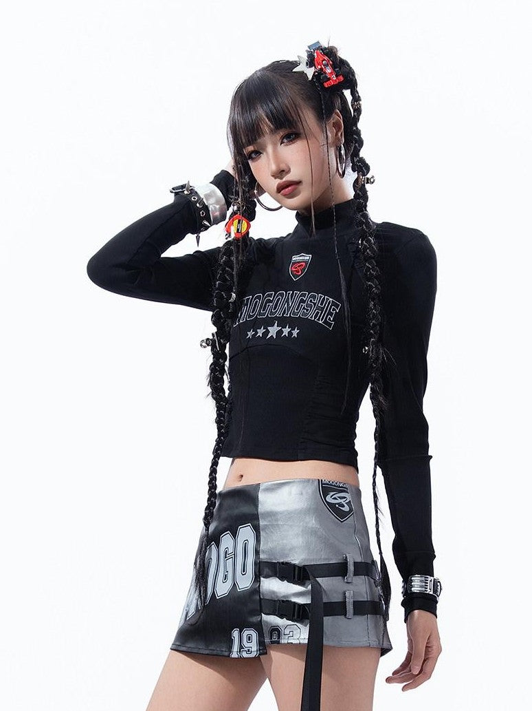 MOGONGSHE Black Gray Colorblock Asymmetrical Tie Low Waist Women's Mini Skirts