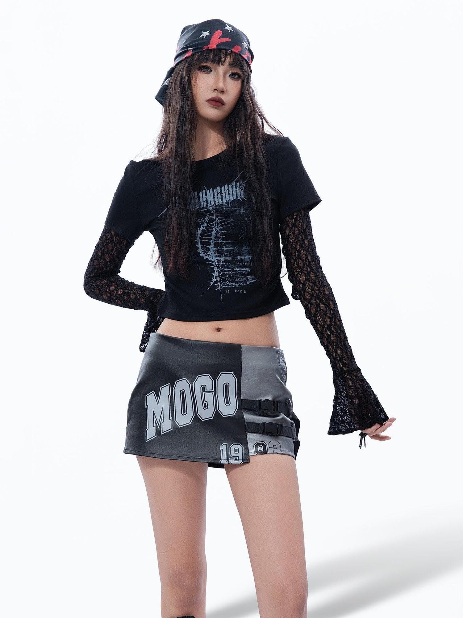 MOGONGSHE Black Gray Colorblock Asymmetrical Tie Low Waist Women's Mini Skirts