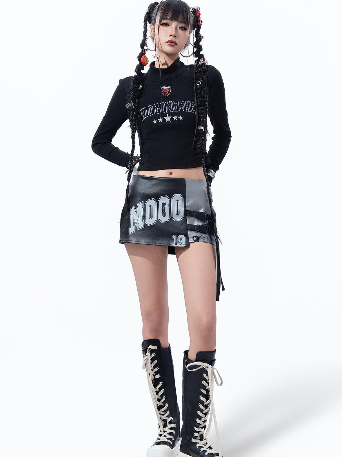 MOGONGSHE Black Gray Colorblock Asymmetrical Tie Low Waist Women's Mini Skirts