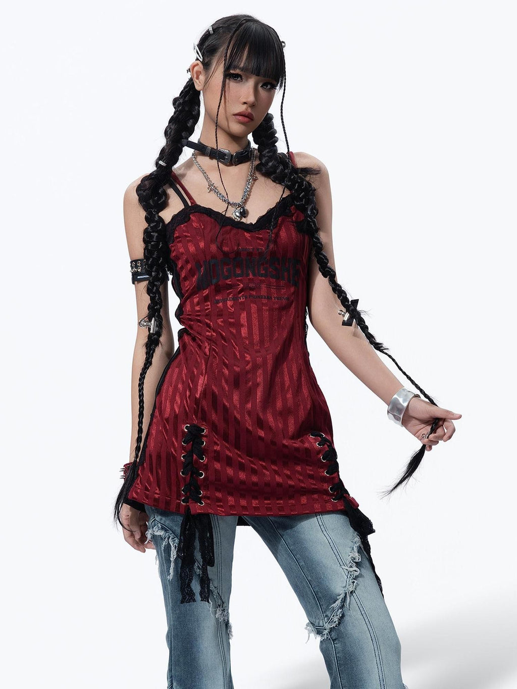MOGONGSHE Black Red Asymmetrical Patchwork Y2k Retro Slim Women's Slip Mini Dresses