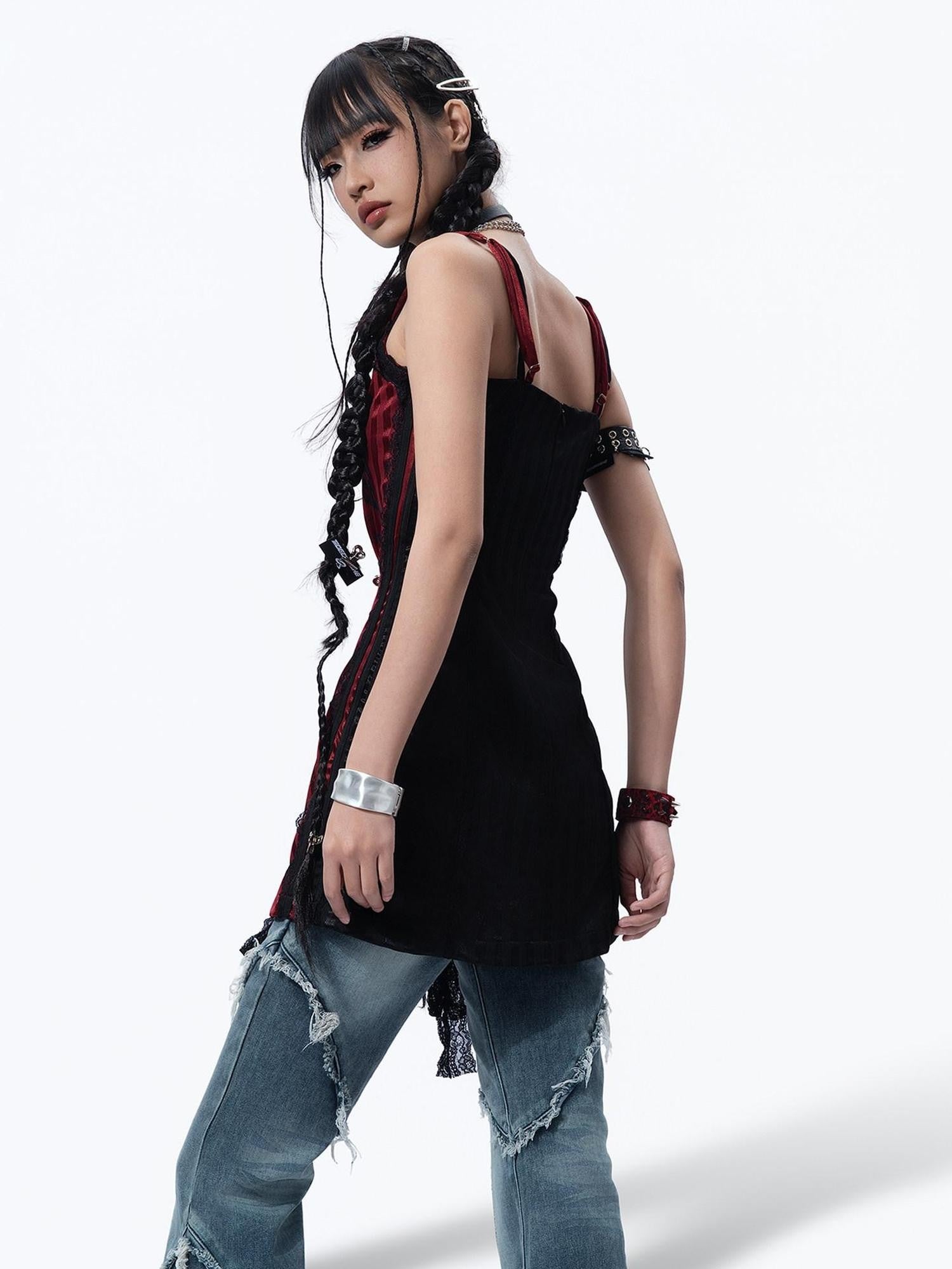 MOGONGSHE Black Red Asymmetrical Patchwork Y2k Retro Slim Women's Slip Mini Dresses