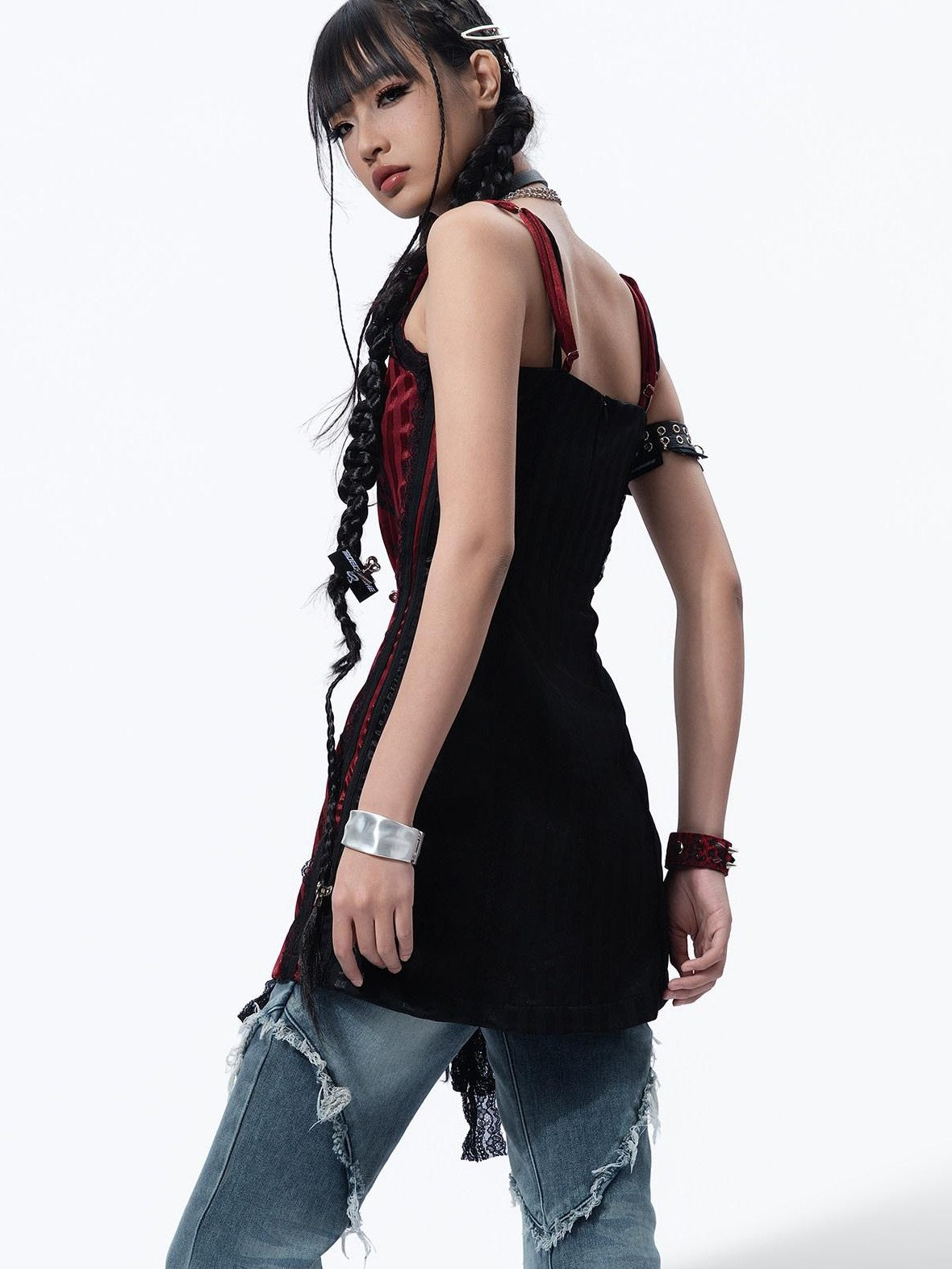 MOGONGSHE Black Red Asymmetrical Patchwork Y2k Retro Slim Women's Slip Mini Dresses