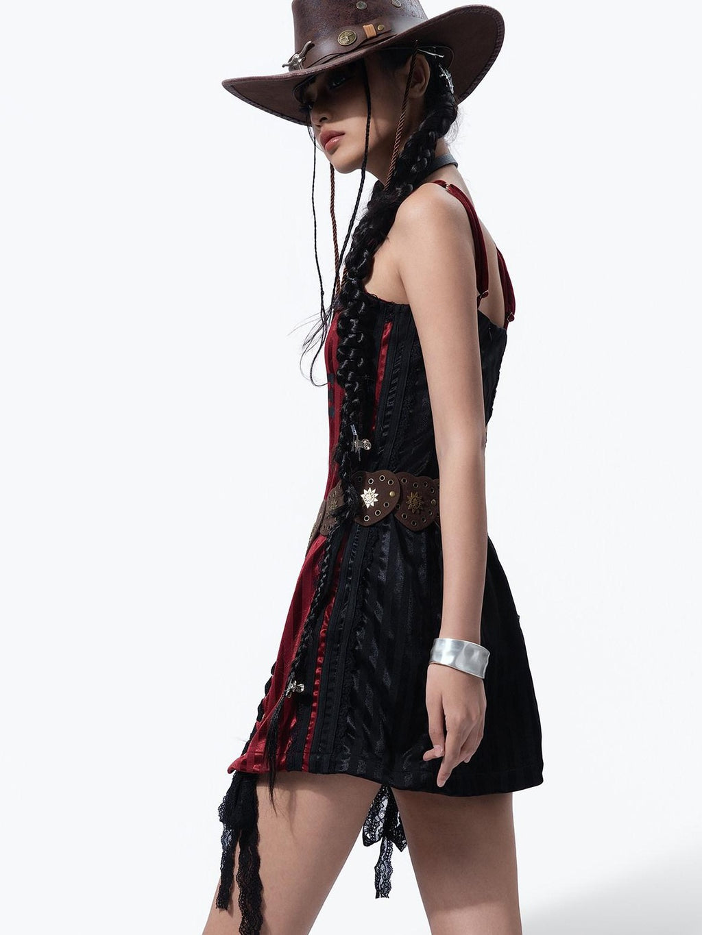 MOGONGSHE Black Red Asymmetrical Patchwork Y2k Retro Slim Women's Slip Mini Dresses
