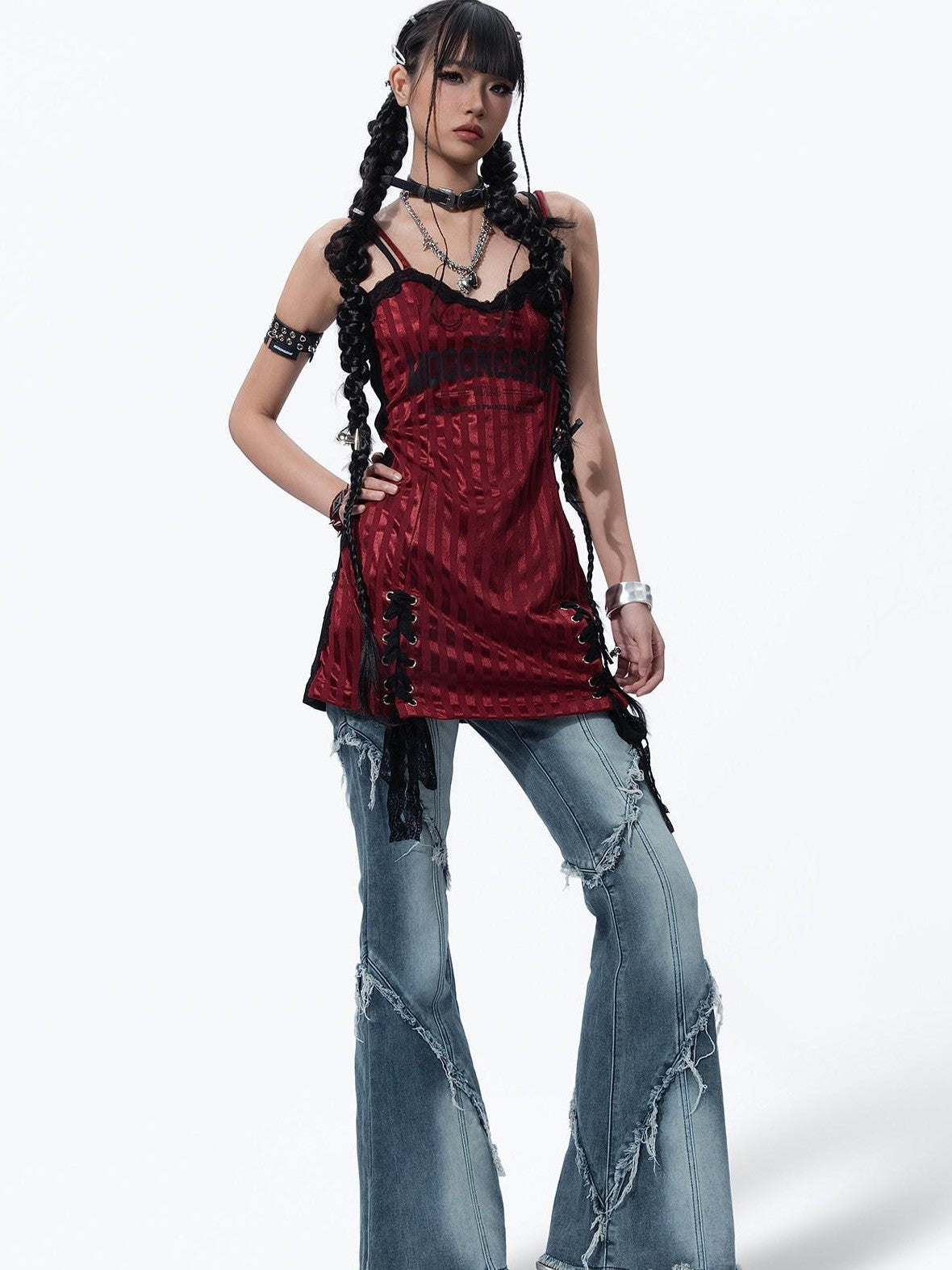 MOGONGSHE Black Red Asymmetrical Patchwork Y2k Retro Slim Women's Slip Mini Dresses