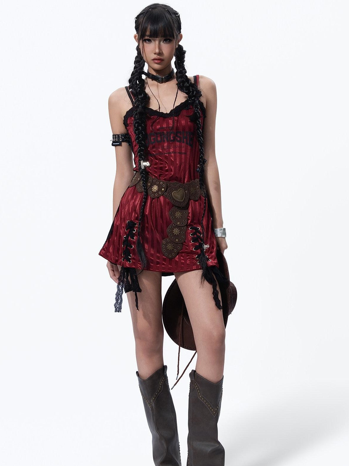 MOGONGSHE Black Red Asymmetrical Patchwork Y2k Retro Slim Women's Slip Mini Dresses
