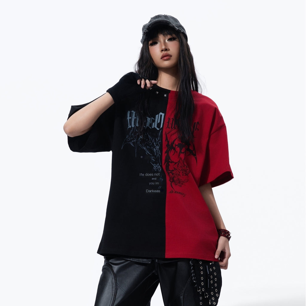 MOGONGSHE_Black_Red_Colorblock_Contrast_American_Style_Women's_Short_Sleeve_T-shirts_946233579609_MISSTT