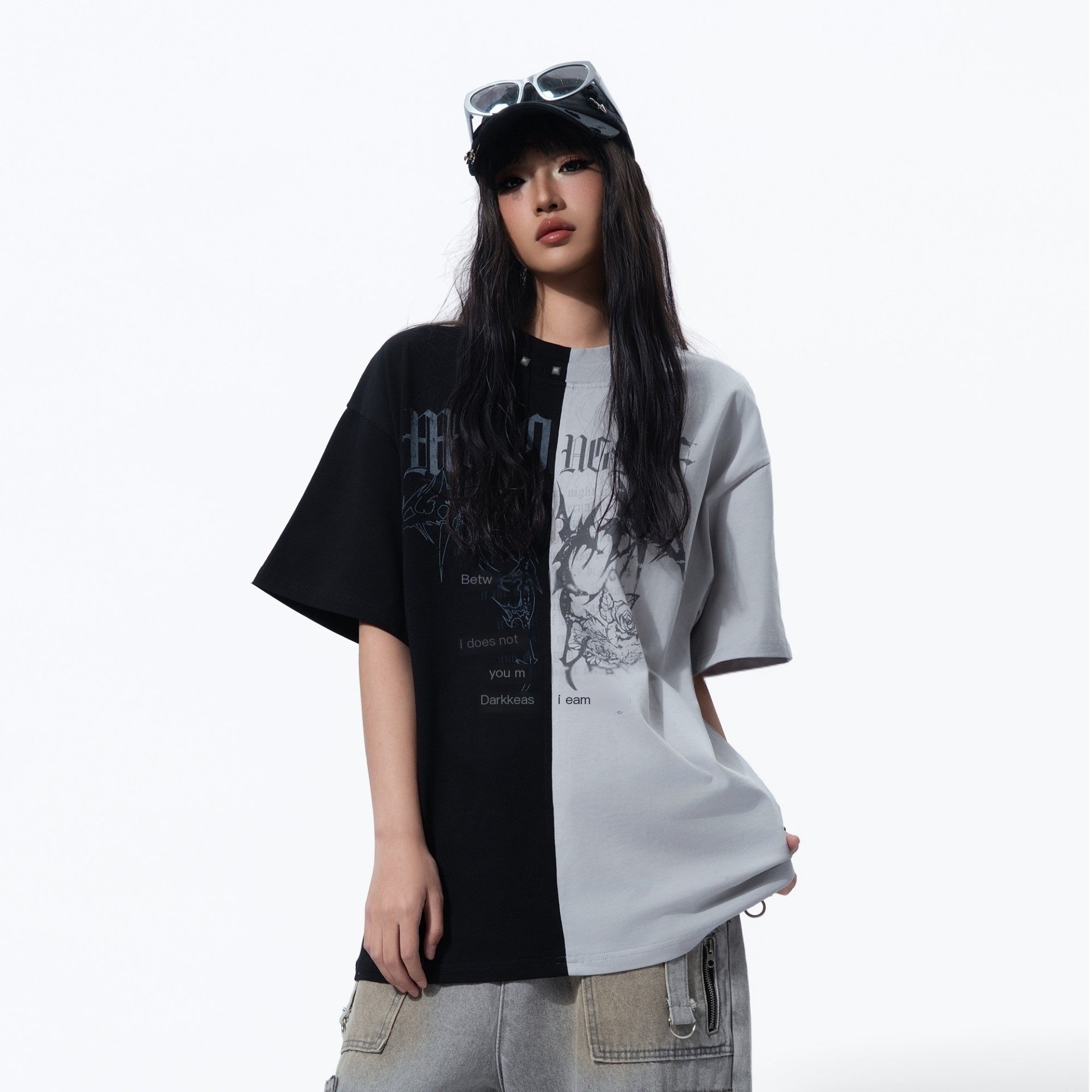 MOGONGSHE_Black_Red_Colorblock_Contrast_American_Style_Women's_Short_Sleeve_T-shirts_946233579609_MISSTT
