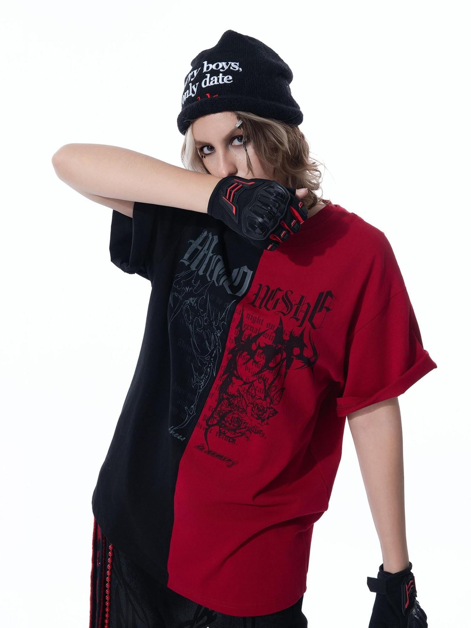 MOGONGSHE Black Red Colorblock Contrast American Style Women's Short Sleeve T-shirts