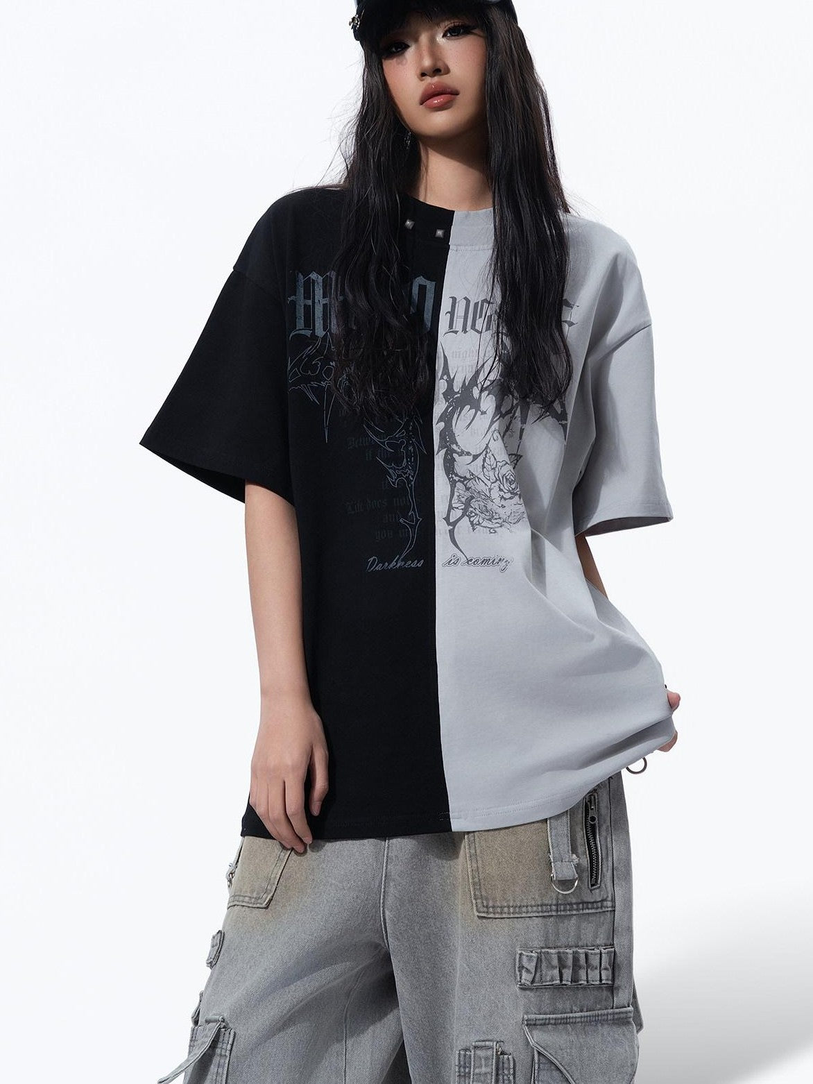 MOGONGSHE Black Red Colorblock Contrast American Style Women's Short Sleeve T-shirts