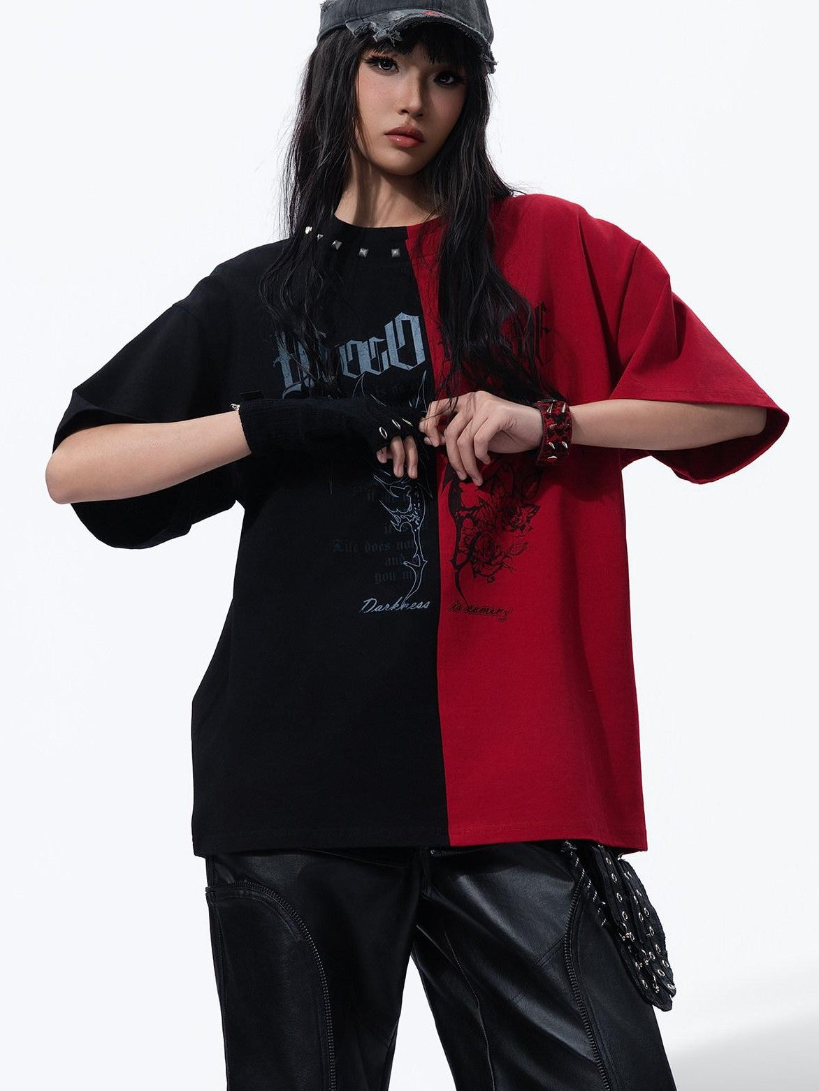 MOGONGSHE Black Red Colorblock Contrast American Style Women's Short Sleeve T-shirts