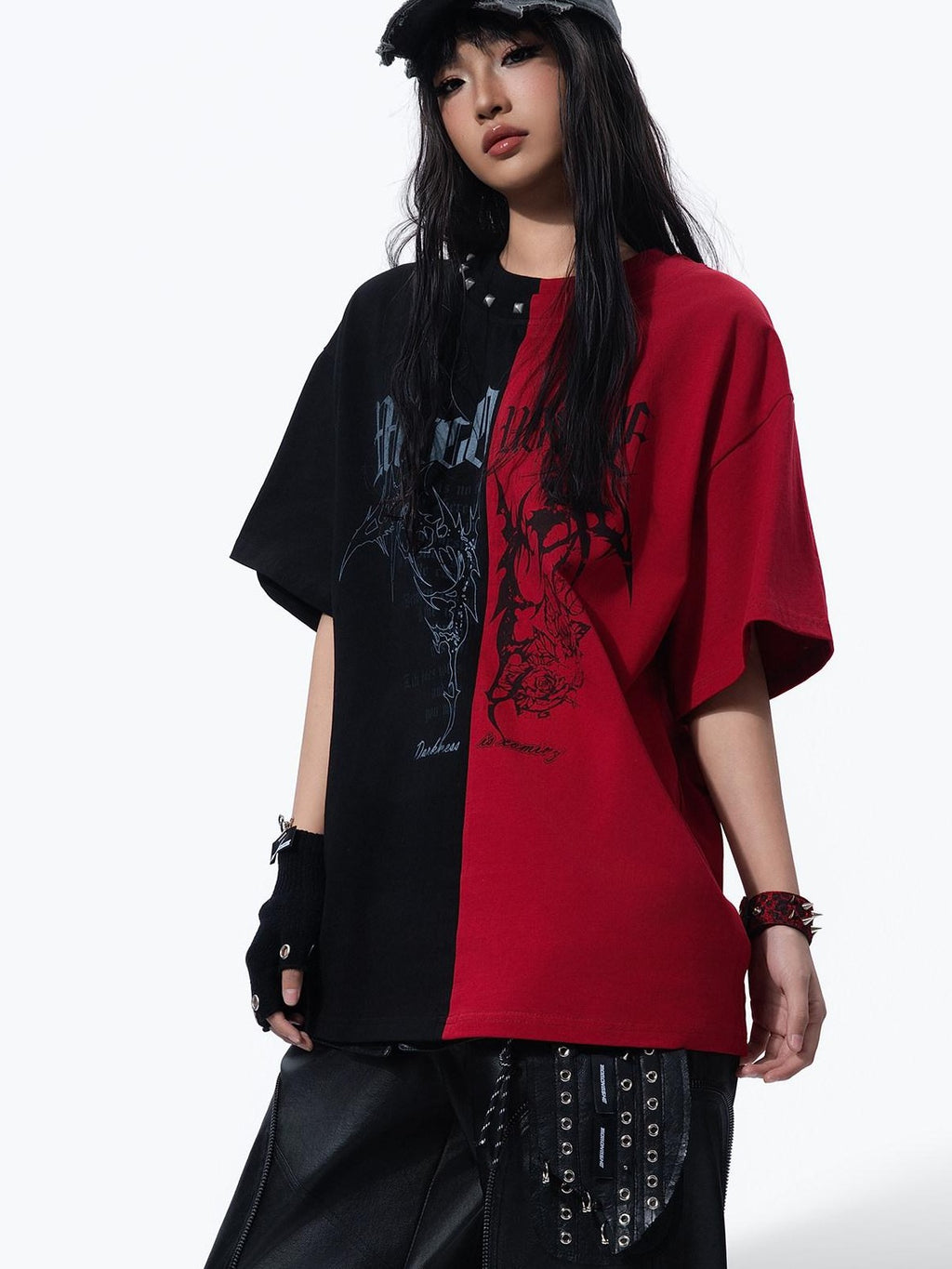 MOGONGSHE Black Red Colorblock Contrast American Style Women's Short Sleeve T-shirts