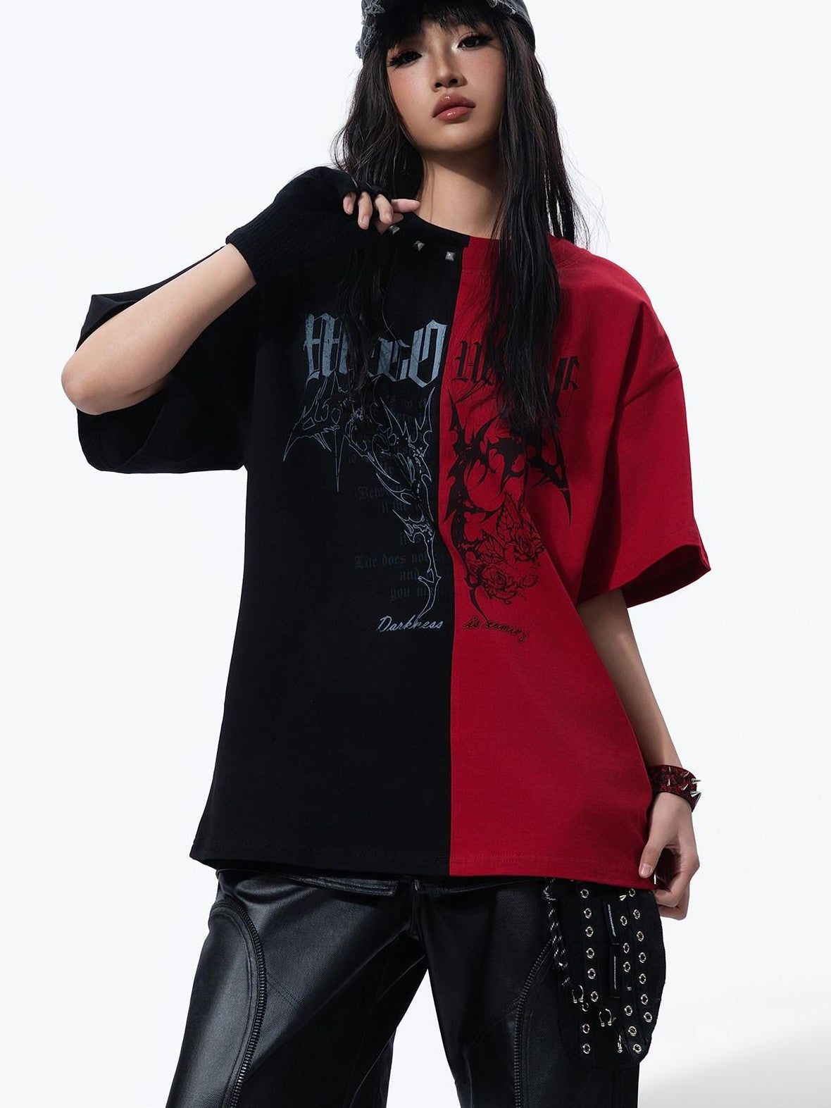 MOGONGSHE Black Red Colorblock Contrast American Style Women's Short Sleeve T-shirts