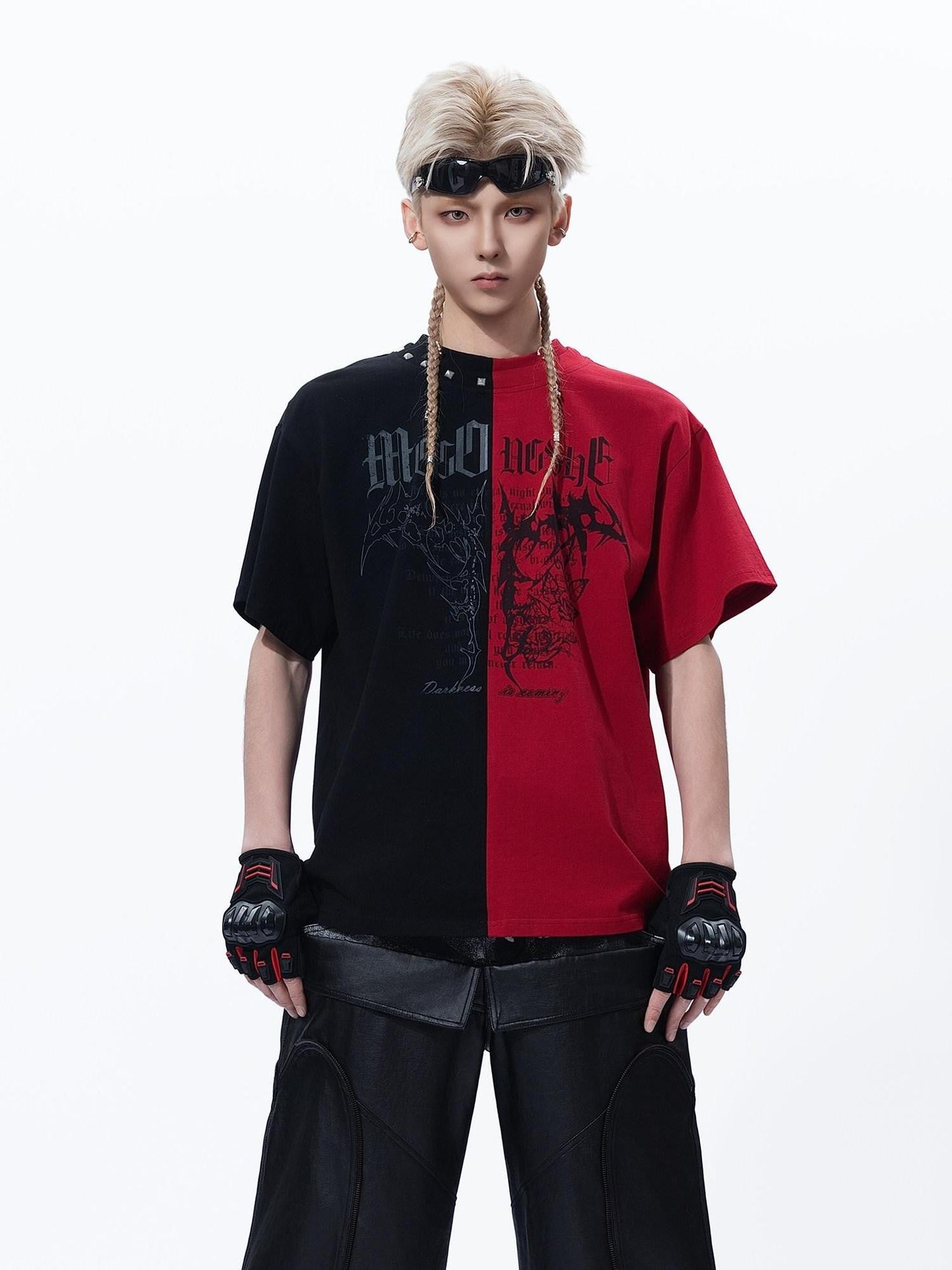 MOGONGSHE Black Red Colorblock Contrast American Style Women's Short Sleeve T-shirts