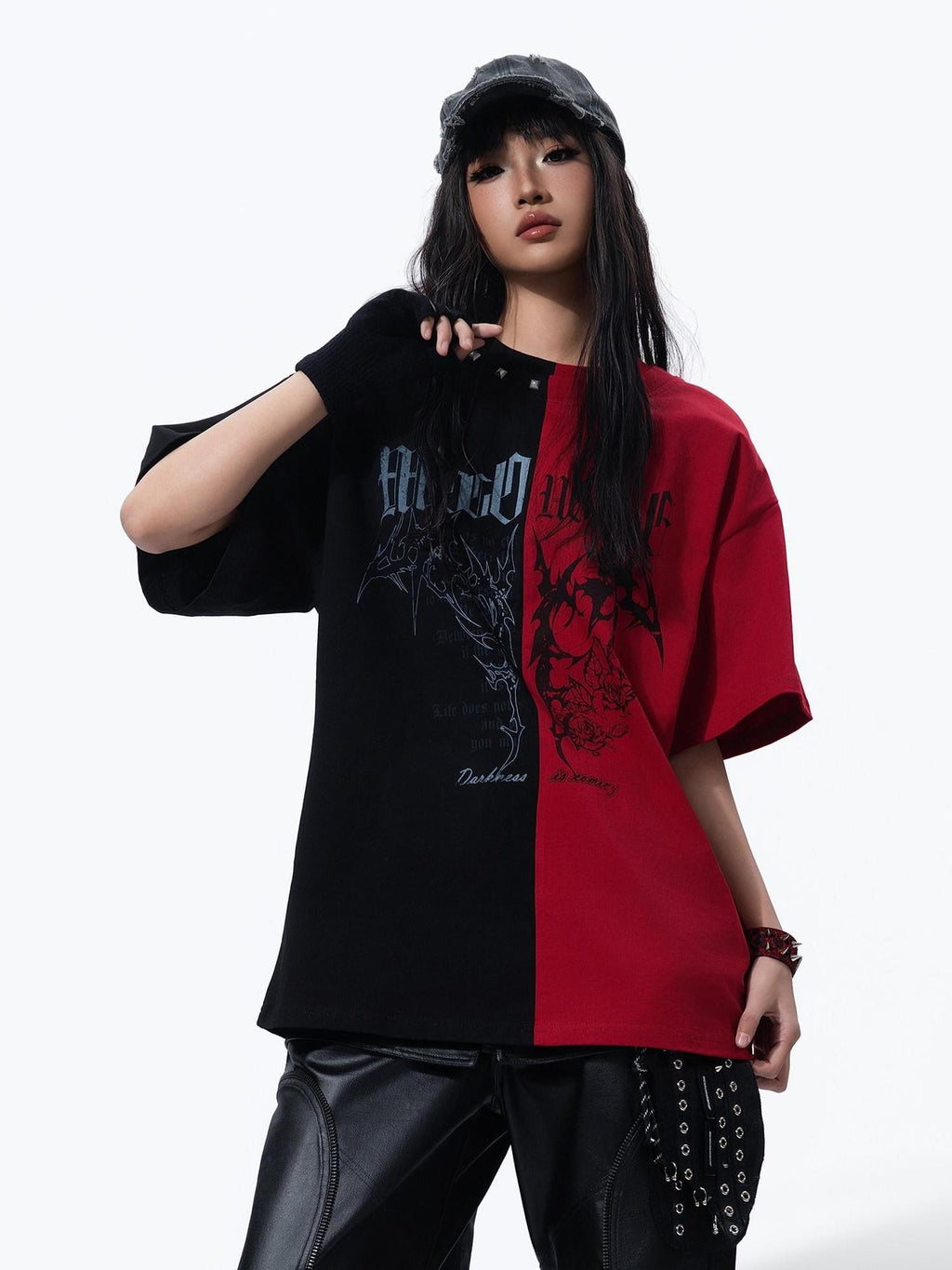 MOGONGSHE Black Red Colorblock Contrast American Style Women's Short Sleeve T-shirts