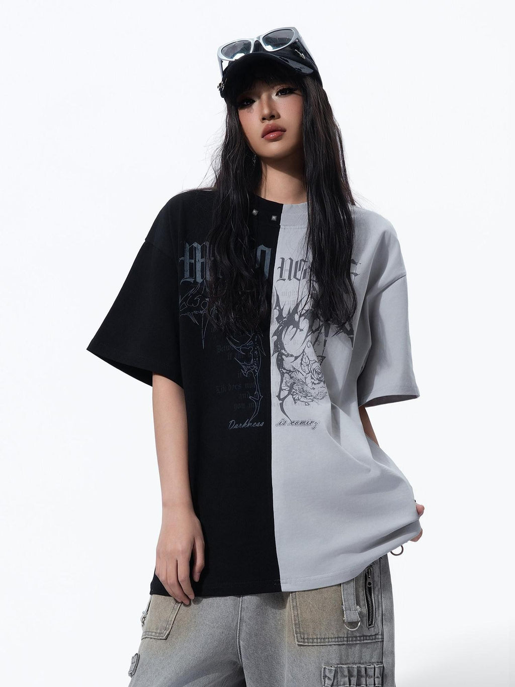 MOGONGSHE Black Red Colorblock Contrast American Style Women's Short Sleeve T-shirts