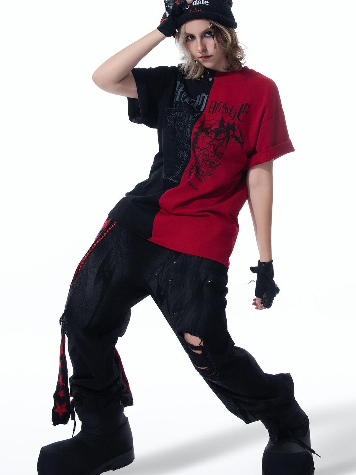 MOGONGSHE Black Red Colorblock Contrast American Style Women's Short Sleeve T-shirts
