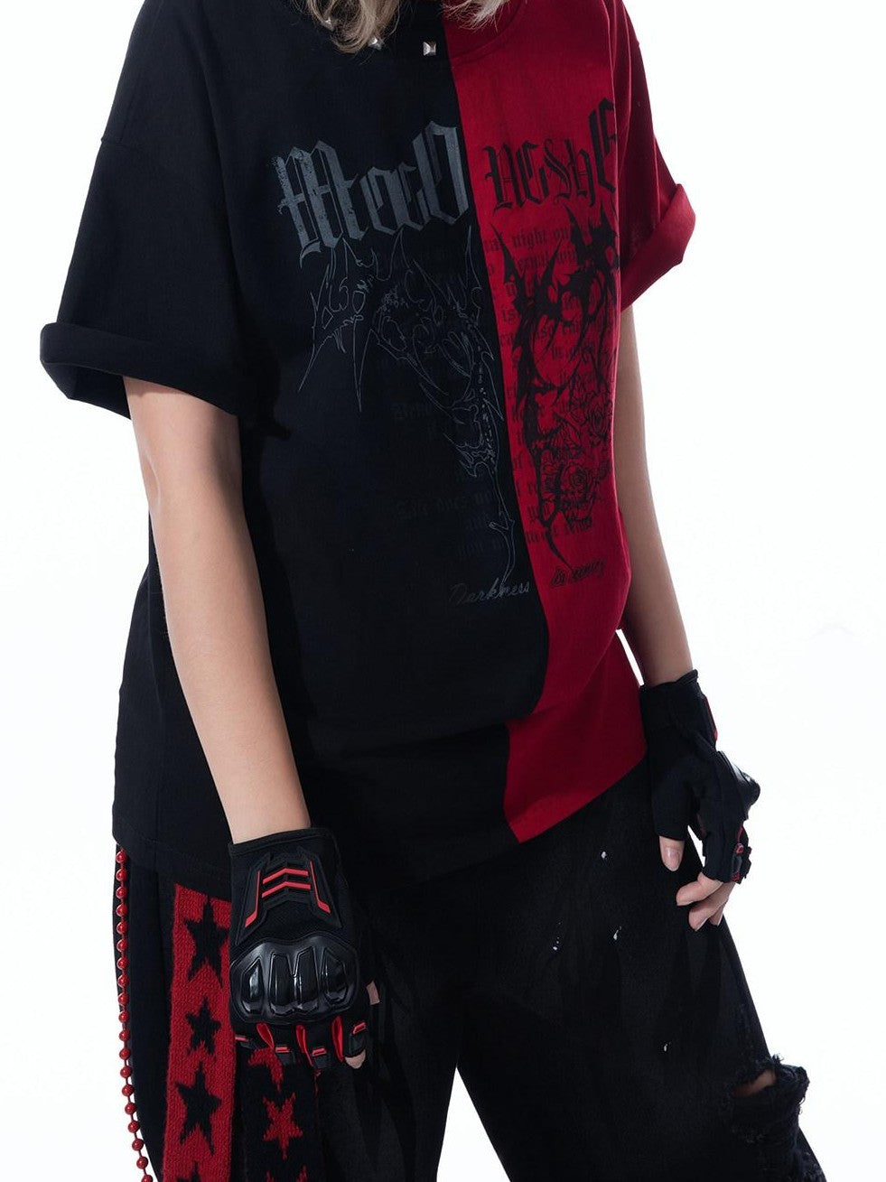 MOGONGSHE Black Red Colorblock Contrast American Style Women's Short Sleeve T-shirts