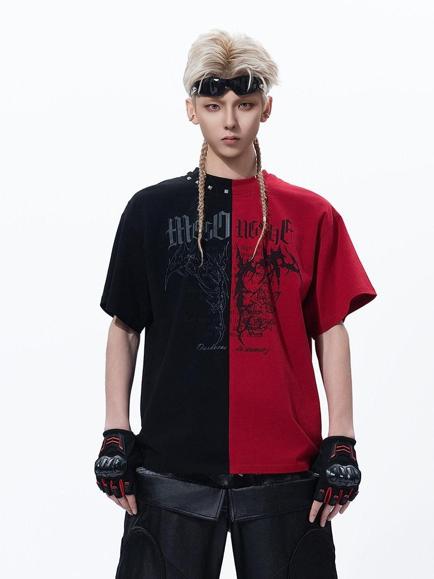 MOGONGSHE Black Red Colorblock Contrast American Style Women's Short Sleeve T-shirts