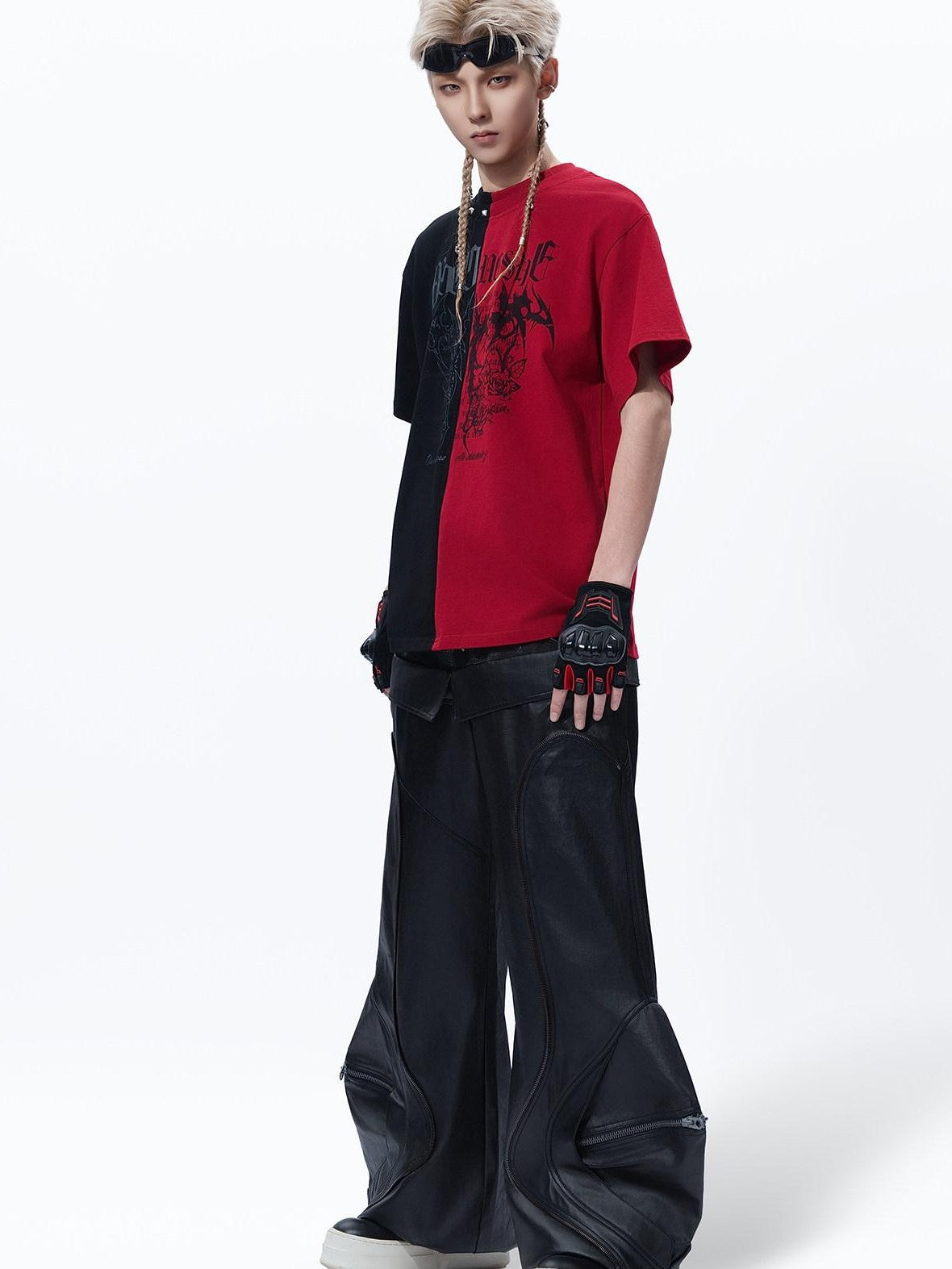 MOGONGSHE Black Red Colorblock Contrast American Style Women's Short Sleeve T-shirts
