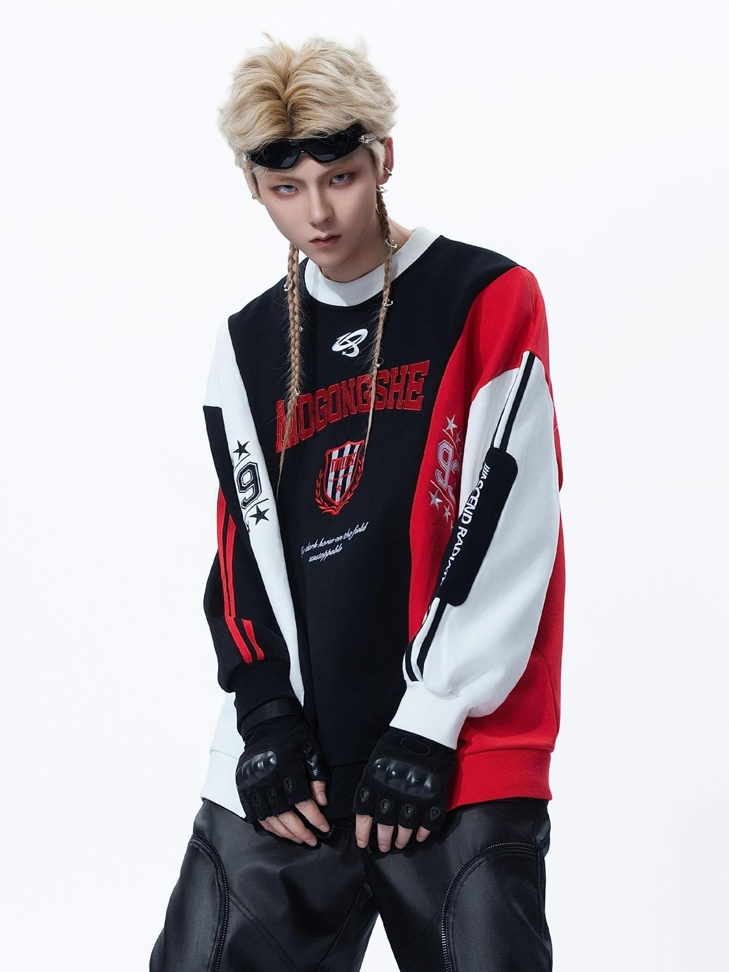 MOGONGSHE Black Red White Colorblock Embroidered Women's Retro Sport Long Sleeve T-shirts