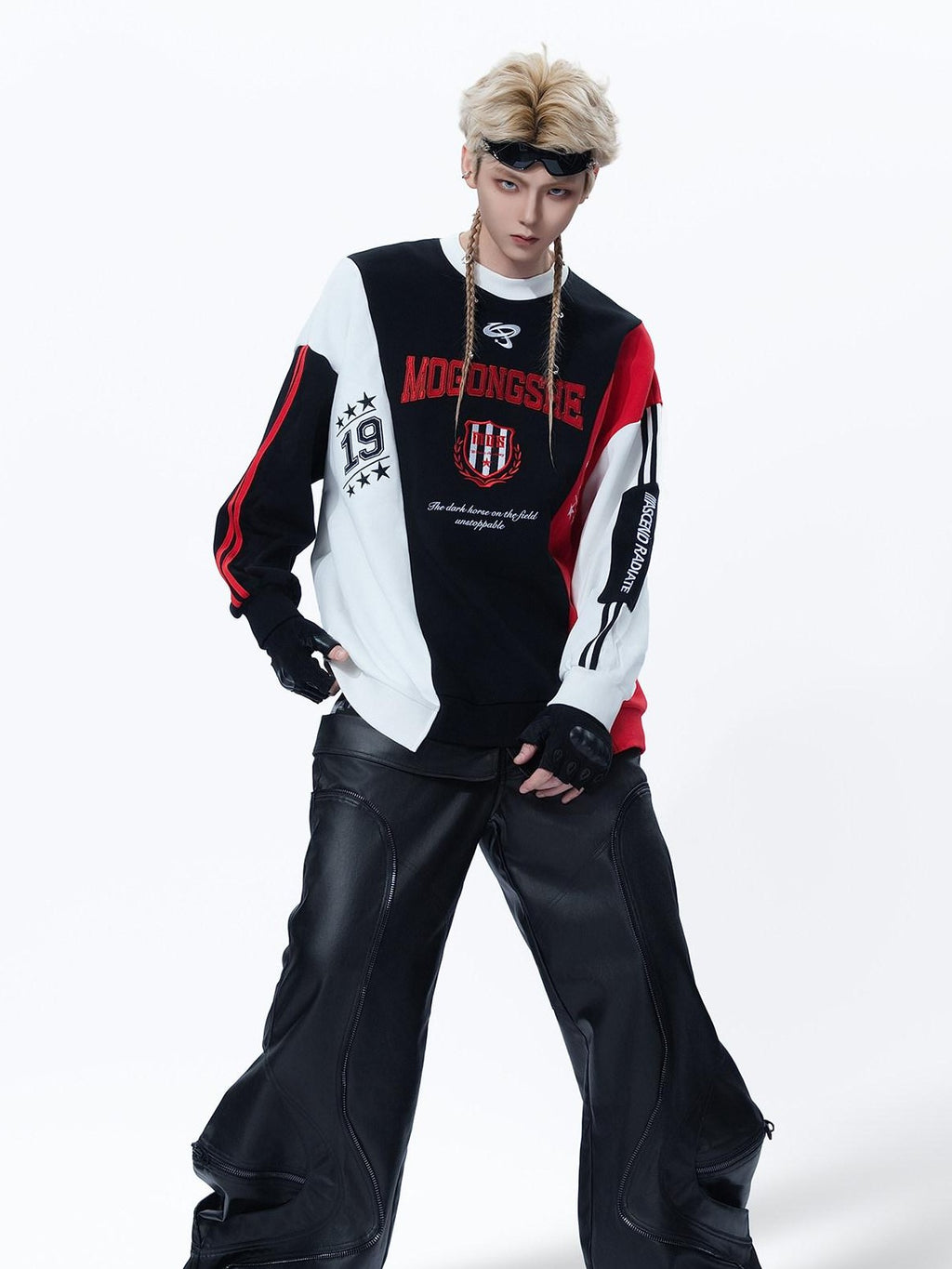 MOGONGSHE Black Red White Colorblock Embroidered Women's Retro Sport Long Sleeve T-shirts