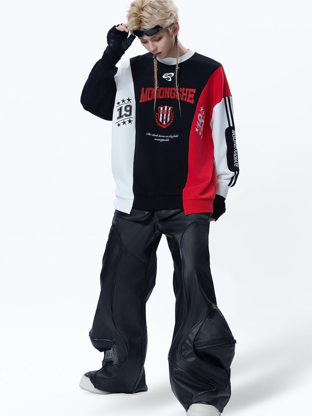 MOGONGSHE Black Red White Colorblock Embroidered Women's Retro Sport Long Sleeve T-shirts