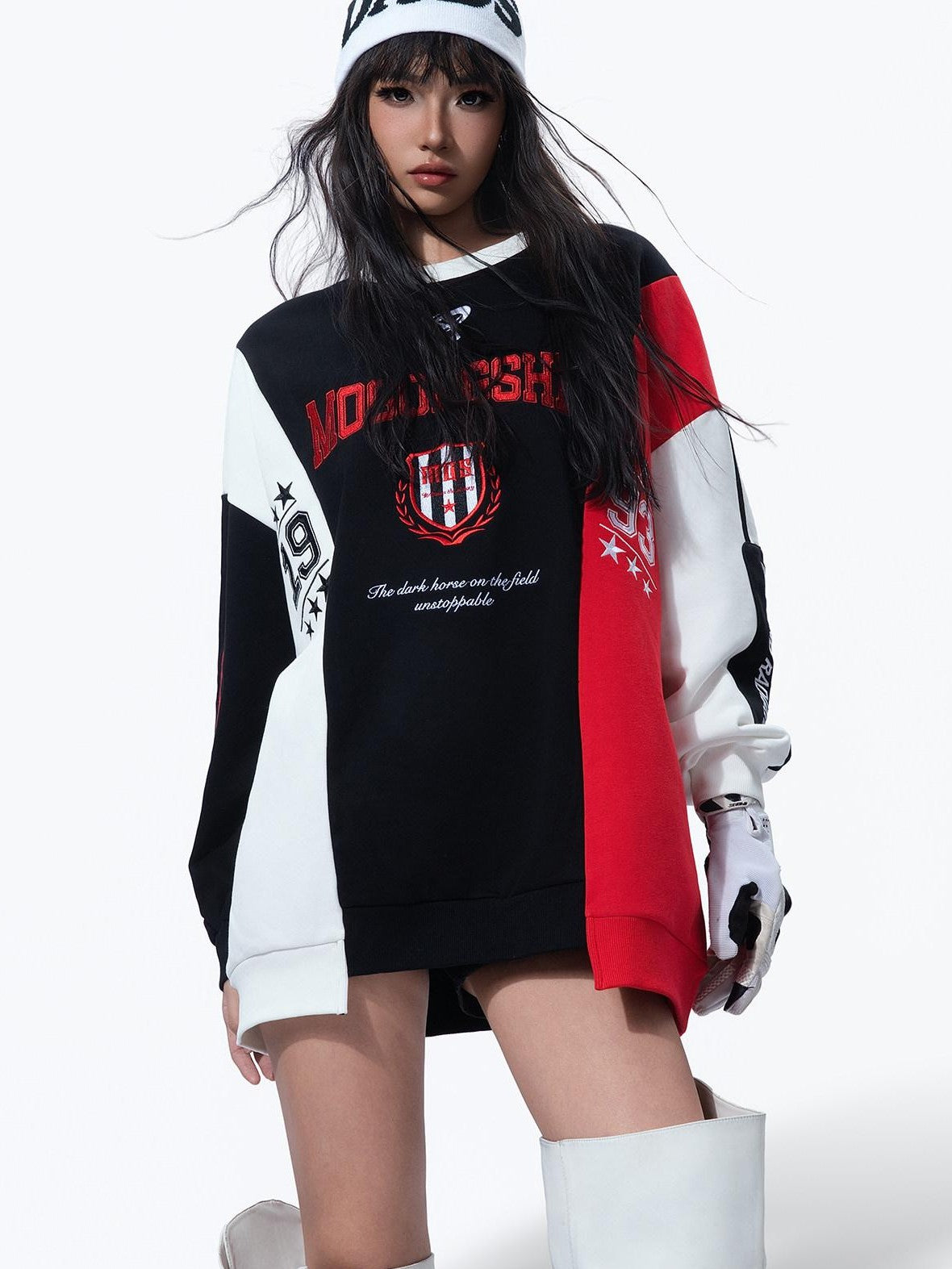 MOGONGSHE Black Red White Colorblock Embroidered Women's Retro Sport Long Sleeve T-shirts