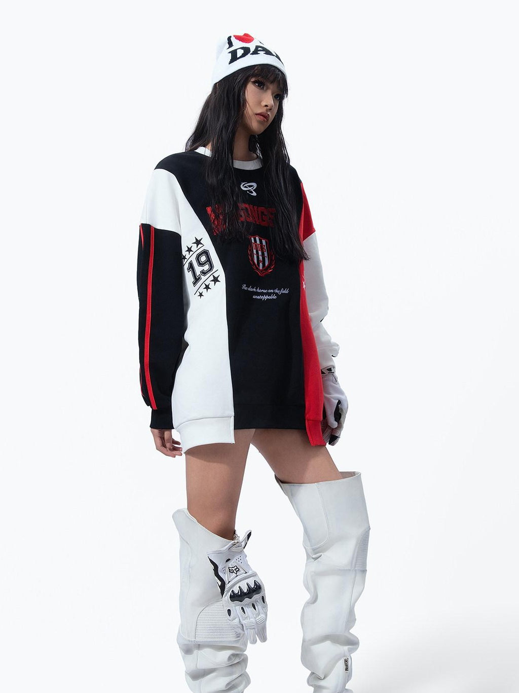 MOGONGSHE Black Red White Colorblock Embroidered Women's Retro Sport Long Sleeve T-shirts