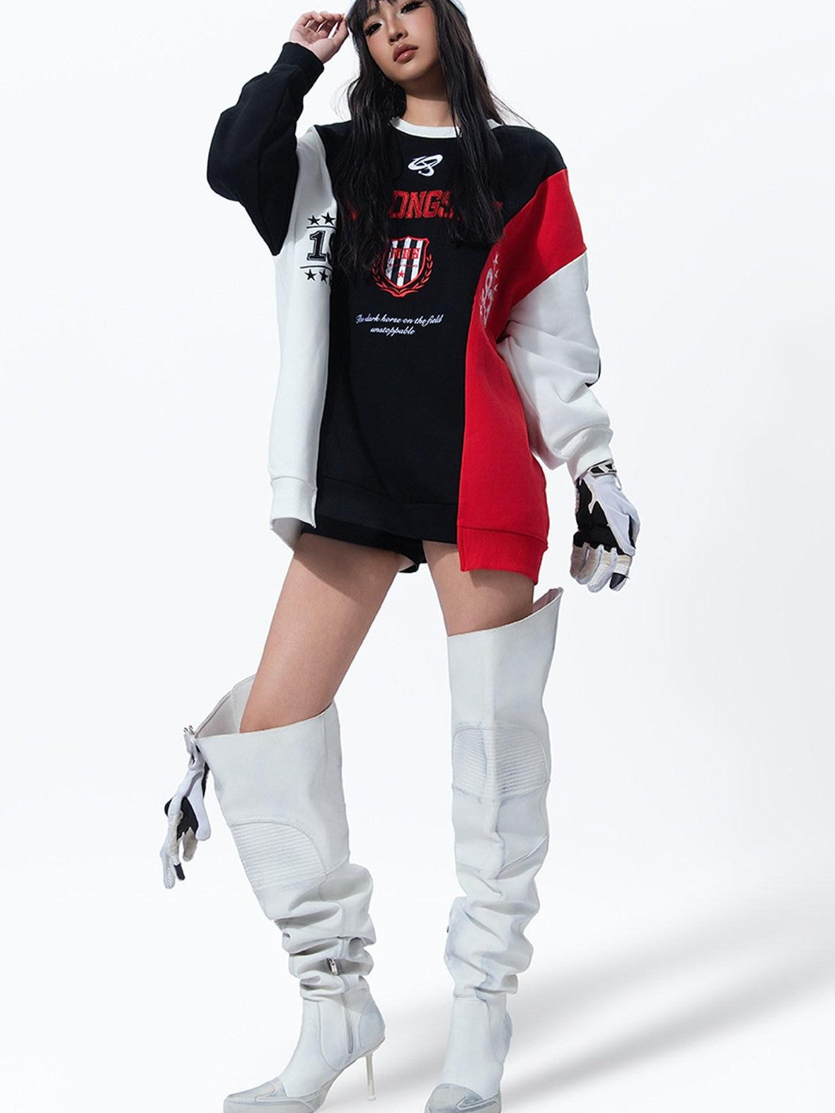 MOGONGSHE Black Red White Colorblock Embroidered Women's Retro Sport Long Sleeve T-shirts