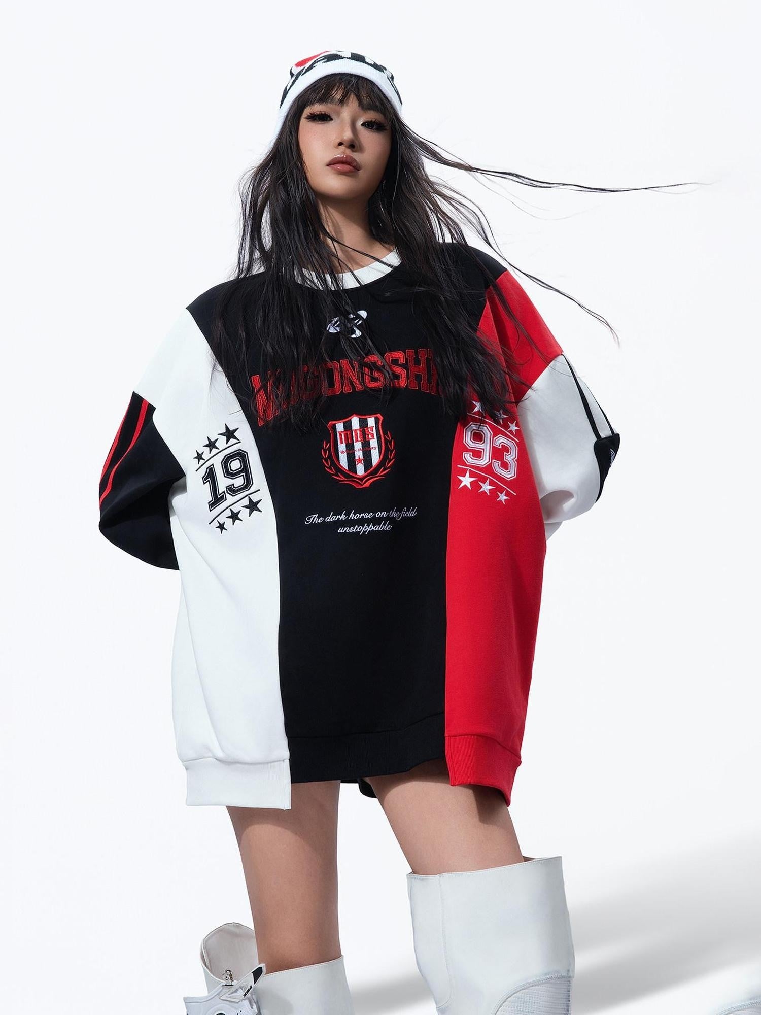 MOGONGSHE Black Red White Colorblock Embroidered Women's Retro Sport Long Sleeve T-shirts