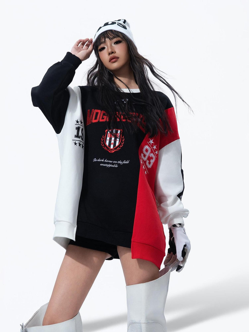 MOGONGSHE Black Red White Colorblock Embroidered Women's Retro Sport Long Sleeve T-shirts