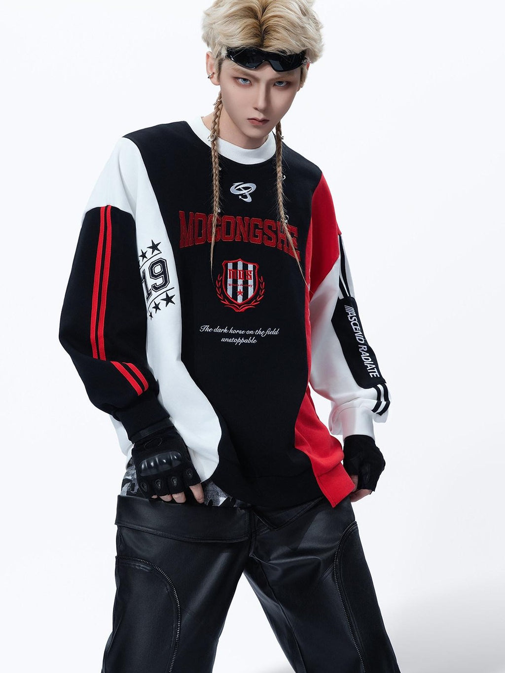 MOGONGSHE Black Red White Colorblock Embroidered Women's Retro Sport Long Sleeve T-shirts